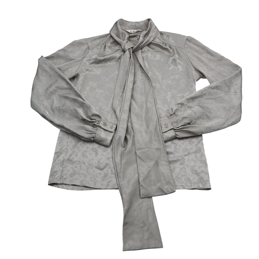 Lady Manhattan Shirt Womens 12 Silver Button Up Long Sleeve Tie Neck Top